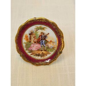 Vntg Limoges France Miniature Plate Porcelain W/ Gold Trim & Stand Courting 1.5"